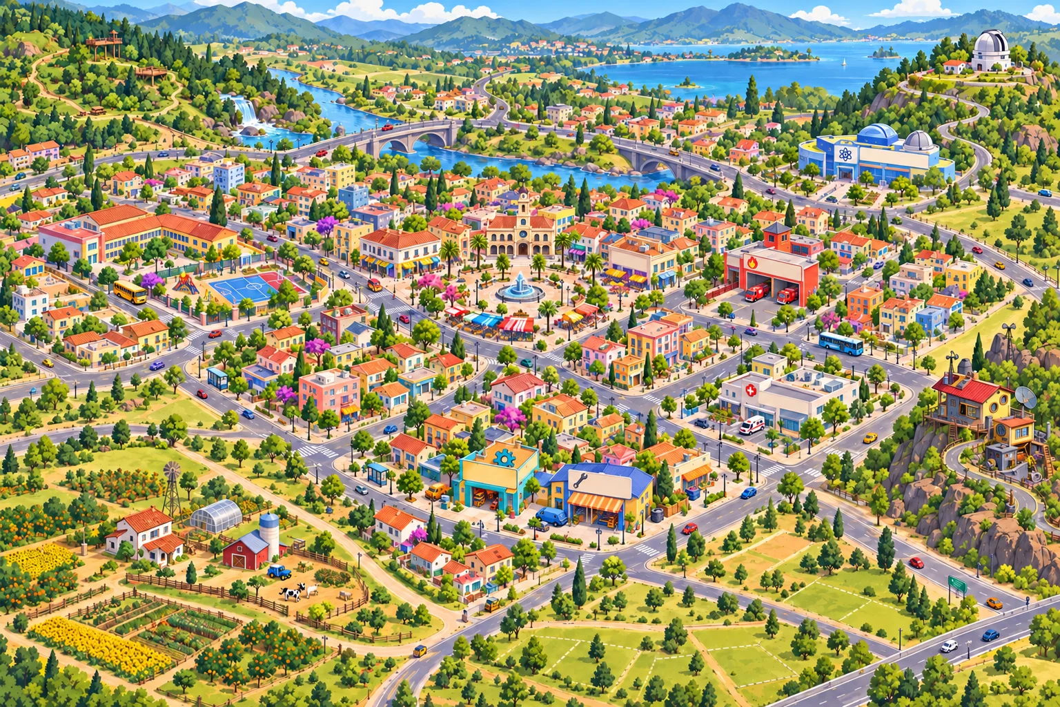 Mapa de nuestra ciudad con escuela, talleres, granja, observatorio, bosque y lago